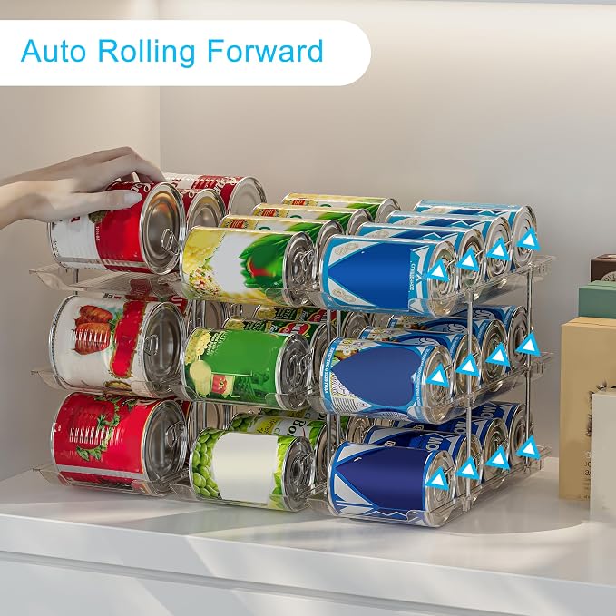 Can Organizer For Pantry, Adjustable Height And Width Canned Goods Organizer, Roller Soup Can Organizer Holds Up to 36 Cans for Kitchen Cabinet or Refrigerator(CLear 3 Tier)