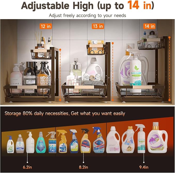 Sevenblue 2-Pack 2-Tier Height Adjustable Under Sink Organizer & Storage | Multi-purpose storage for kitchen & bathroom cabinet. Extra Large brown shelf, height adjustable design for space-saving.