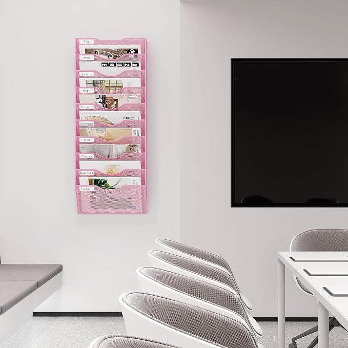 EasyPAG 10 Pocket Mesh Wall File Organizer, Hanging Paper Folder Holder with Classify Label, Vertical Wall Mount Mail Organizer for Office Home Classroom, Pink