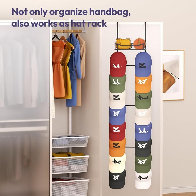 SWTYMIKI Over The Door Purse Organizer - Wall Mounted Purse Rack with 16 Hooks and Metal Basket, Handbag Hanger Organizer Holds up to 16 Bags, Bag Rack Can Use As 1/2 Part, for Door, Closet