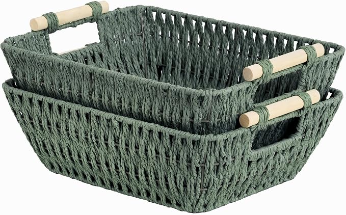 StorageWorks Large Wicker Storage Basket for Organizing with Wooden Handles, Toilet Paper Baskets for Shelf, Sage Green, 2-Pack