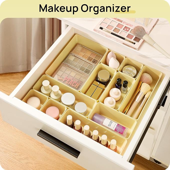 Vtopmart 25 PCS Plastic Drawer Organizers Set, 4-Size Versatile Bathroom and Vanity Drawer Organizer Trays, Storage Bins for Makeup, Bedroom, Kitchen Gadgets Utensils and Office