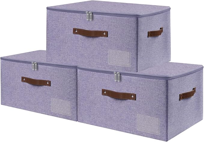 ANMINY 3PCS Storage Bins with Zipper Lid Storage Boxes with Label Holder PU Leather Handles Washable Foldable Decorative Lidded Cotton Linen Fabric Cubes Baskets Closet Organizer - Purple, Large