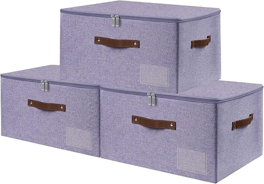 ANMINY 3PCS Storage Bins with Zipper Lid Storage Boxes with Label Holder PU Leather Handles Washable Foldable Decorative Lidded Cotton Linen Fabric Cubes Baskets Closet Organizer - Purple, Large