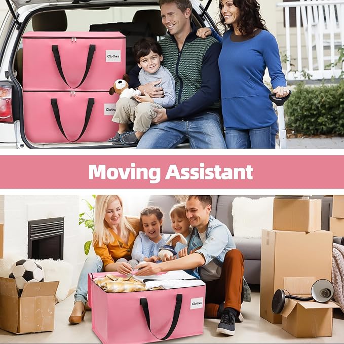 8 Pack Extra Large Heavy Duty Moving Bags with Reinforced Zipper & Wide Carrying Handles, Bright Red Large Capacity Storage Totes for Whole House Packing, Dorm Moves & Event Organization, Pink