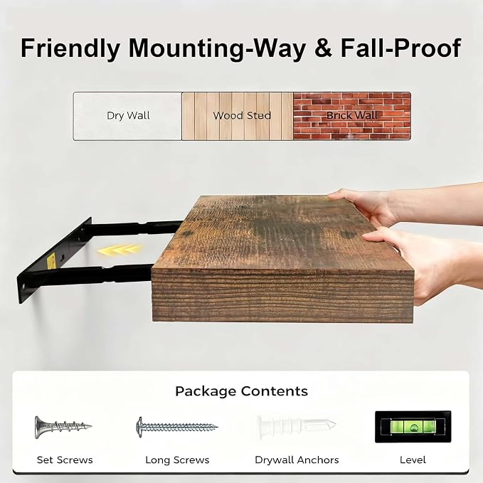 Floating Shelves for Wall,Wall Shelves for Decor Storage,Display Shelving 24 inch Set of 2,Wall Mounted Wood Shelf for Bedroom,Living Room,Bathroom,Kitchen,Brown (2pcs,Brown)