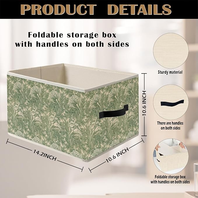 William Morris Inspired Floral Storage Bin Box with Handles, Vintage Green and White Tulip Flower Foldable Organizer Basket Toybox for Home Bedroom Bathroom Clothes Toys Books