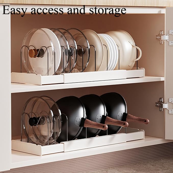 Pots and Pans Organizer Under Cabinet 10 Adjustable Dividers Expandable Pot Pan Lid Holder Organizers Rack inside Cabinet for Kitchen Storage Cookware, Cutting Boards, Lid, Dishes,White