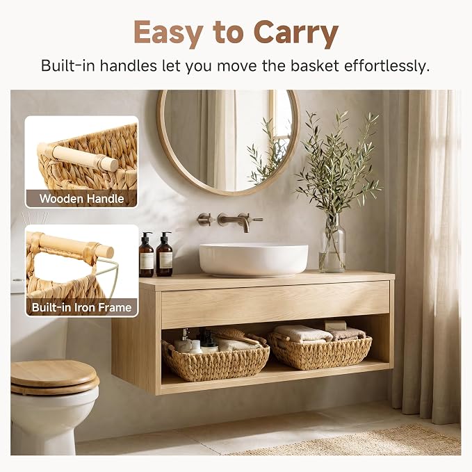 StorageWorks Hand-Woven Storage Baskets with Wooden Handles, Water Hyacinth Wicker Baskets for Organizing, 2 Pack