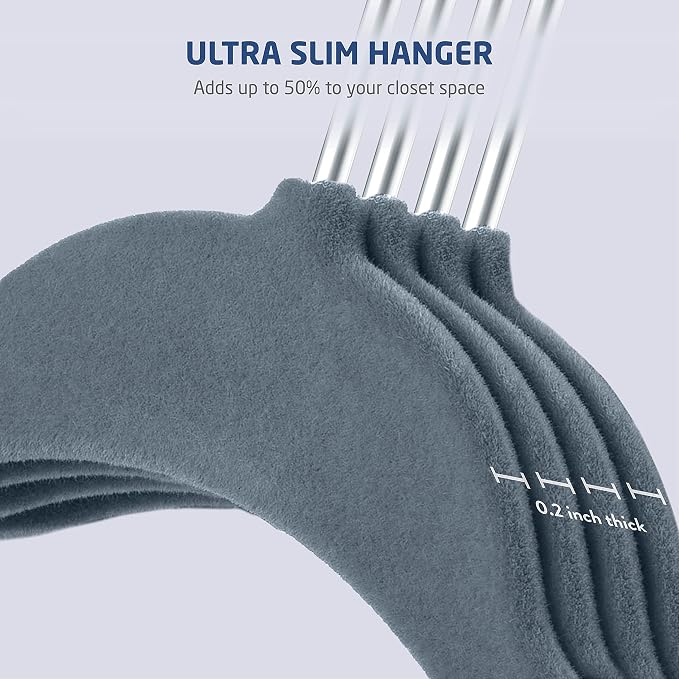 Zober Velvet Hangers with Clips - Pack of 20 Metal Clip Hangers for Pants - Notched Gray Velvet Skirt Hangers for Pants, Skirts, Suits, Dresses & Shirts w/ 360 Degree Hook - Non Slip Felt Hangers