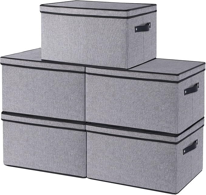 Storage Bins with Lids, 7.1 x 9.1 x 13 Inch Closet Organizers for Shoes Towels Books, Storage Boxes with Handles, Gray, 5-Pack