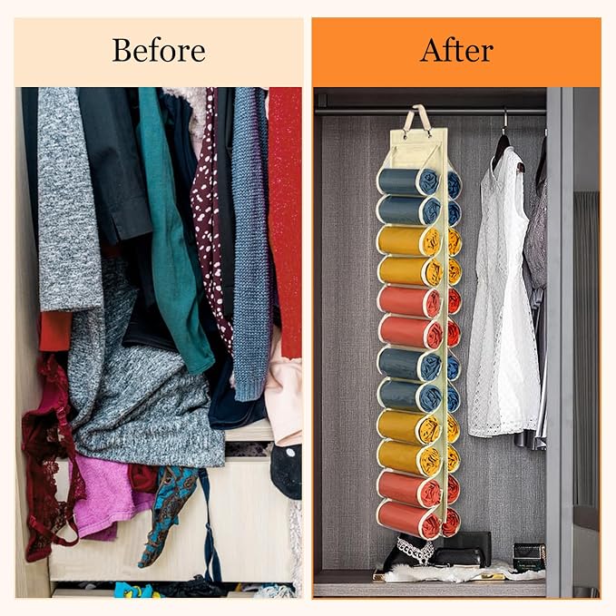 Lirex Scarf Storage Organizer with 24 Pockets, Yoga Legging Storage Organizer for Family Closet Bedroom, Cream White