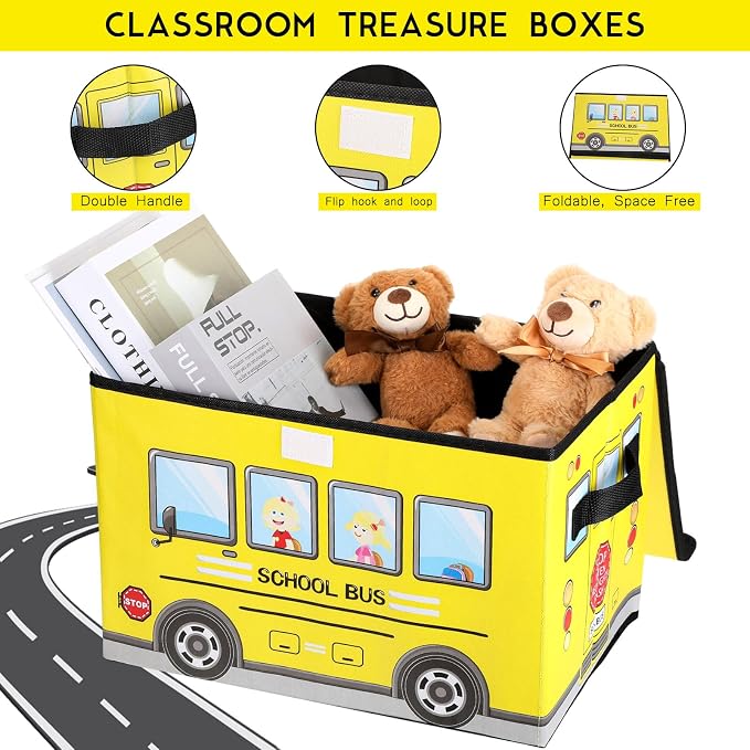 Sweetude 4 Pcs Prize Box for Classroom, School Bus Treasure Chest With Lid, Foldable Storage Organizer Bin for Kids, Teachers, Students - Toy Awards