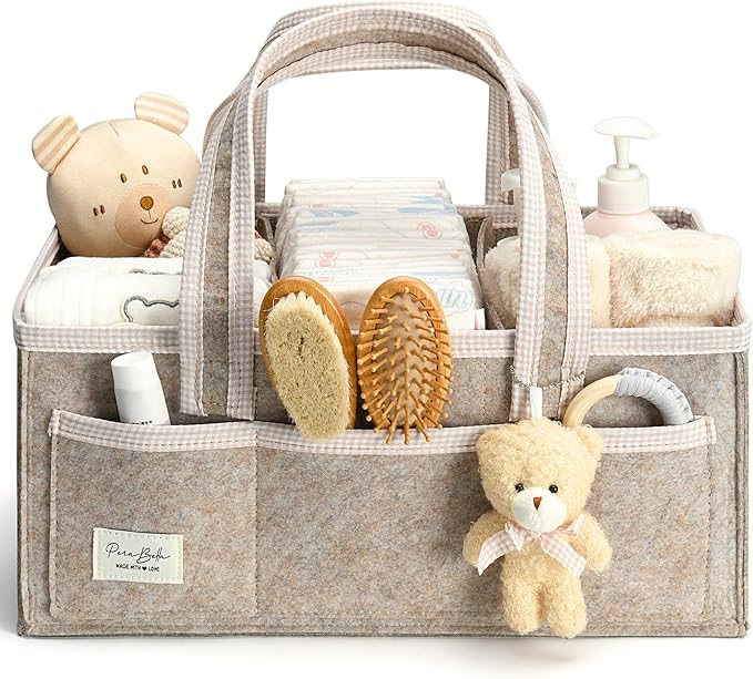 PeraBella Baby Diaper Caddy Organizer, XL Baby Basket Shower Gift Caddy, Portable Felt Changing Table Basket, Nursery Storage Bin, Newborn Boy and Girl Essentials for Registry, Car Diaper Organizer