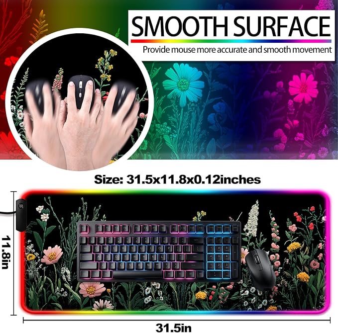RGB Pretty Wildflower Gaming Desk Mat, Computer Keyboard Large Extended Flowers LED Mouse Pad for Office and Home, 31.5×11.8 Inches, XL