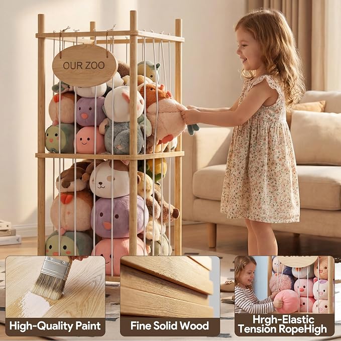 Brelley Stuffed Animal Storage Wood Toy Storage Organizer | Montessori Educational Materials Toy Chest Stuffed animal holder for Kids Nursery Playroom Bedroom