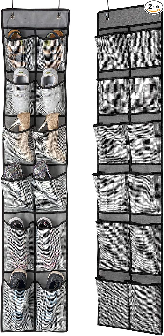 KEEPJOY Over The Door Shoe Organizer 2 Pack,Mesh Pockets Hanging Shoe Rack Over The Door,Shoe Storage Closet with 4 Hooks,Washable and Breathable Fabic,Large Size 57.5×12.6inch(Grey)