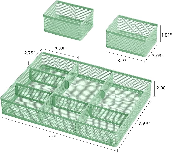 Marbrasse 3 Packs Desk Drawer Organizers, Metal Mesh Dividers with 9 Adjustable Compartments, Pen Organizer for Drawer Tray Box Accessories for Desktop,Kitchen, Makeup(Green)