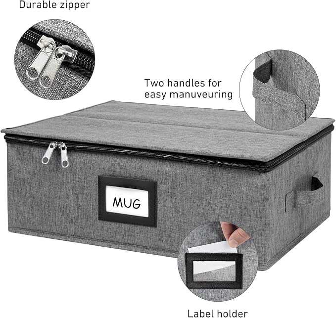 HURZMORO Mug Storage Box with 12 Compartments, Gray Hard Shell Container, Padded Dividers, Dual Handles, Zipper Lid for Coffee Cup Organization and Moving (1, Coffee Cup Storage Box)