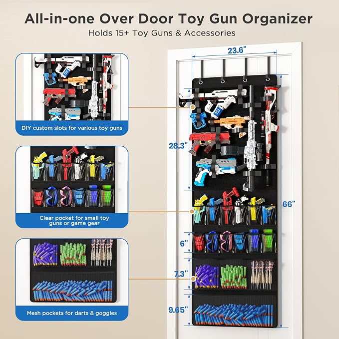 Over the Door Organizer for Toy Guns, Toys Storage Door Hanger with Pockets and Slots for Kids Foam Blasters, Darts, Goggles, Over Door Toy Guns Storage Organizer, for Kids Rooms, Game Rooms, Black