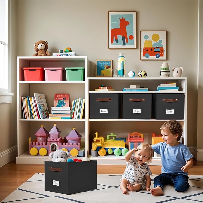 DECOMOMO Storage Bins, Large Fabric Baskets for Shelves, Black (4 Pack) | 15" x 11" x 9.9" foldable closet organizers and storage bins with labels & handles