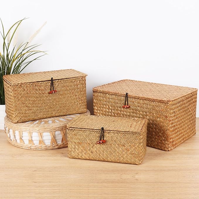 Moosky Wicker Shelf Baskets with Lid,Natural Seagrass Storage Basket Boxes Handwoven Rectangular Baskets Bins Multipurpose Home Organizer Decor (Small)
