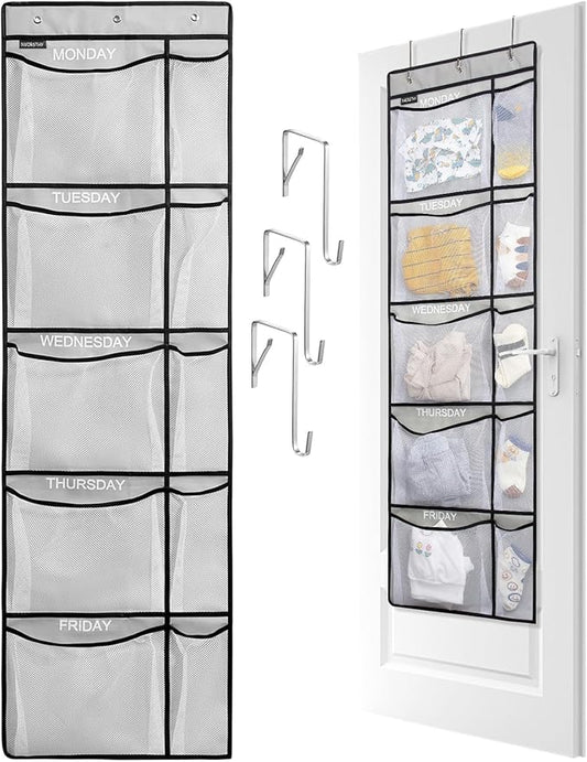 Weekly Kids Clothes Organizer - Day of Week School Clothing Organizer, Monday to Friday Time Save, No Odour, 5-Shelf Hanging Closet Storage (Grey)