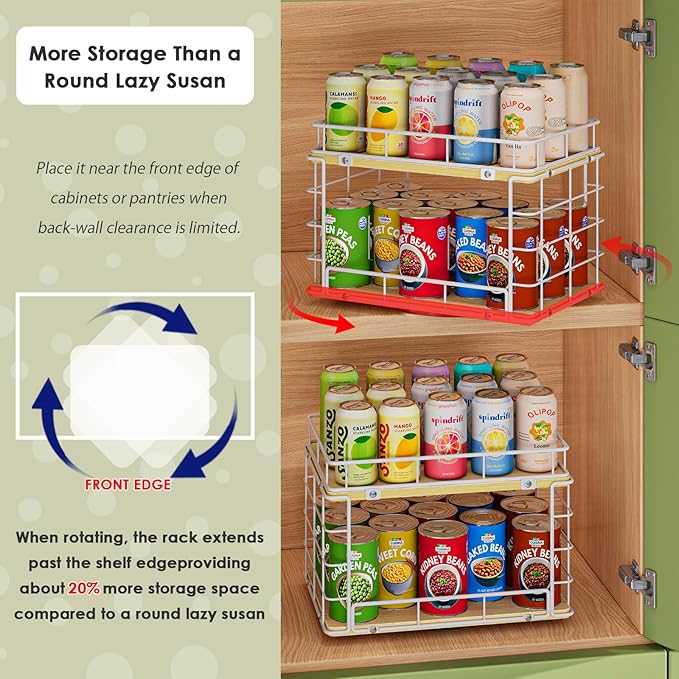 360° Lazy Susan Can Organizer, 2-Tier Rotating Metal Wire Wood Can Rack Holder, Kitchen Pantry Cabinet Countertop Turntable Storage Shelf, Hold 26 Soda Cans Food Beverage Cans Organizer, White