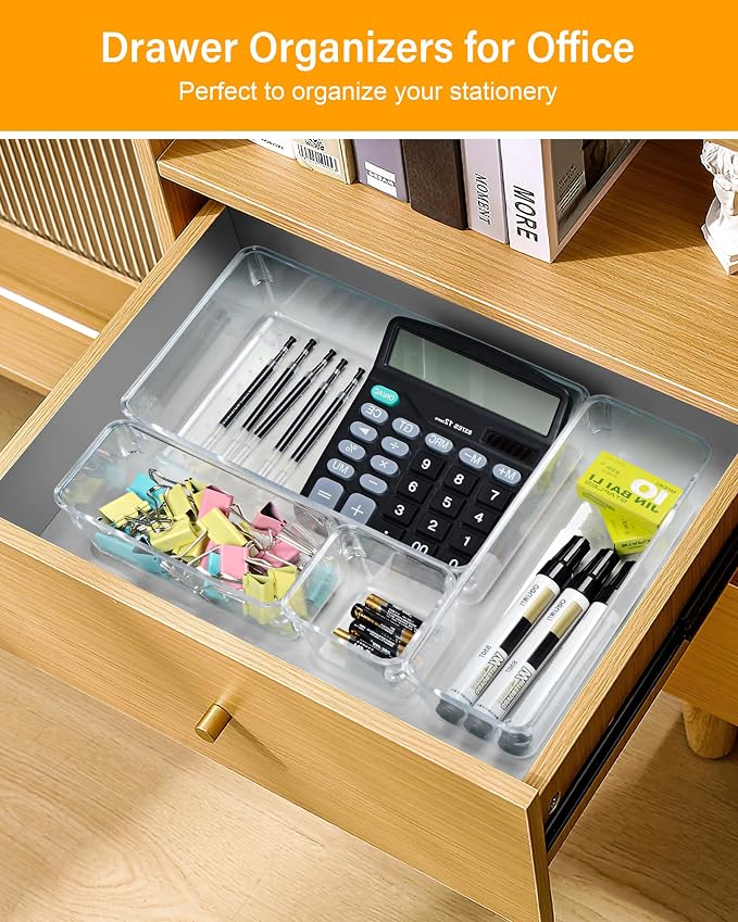 15 PCS Clear Plastic Drawer Organizers and Dividers, 4 Sizes Stackable Drawer Storage Bins and Organizer Trays for Bathroom, Kitchen, Office, Makeup, Vanity, Utensils, and Crafts
