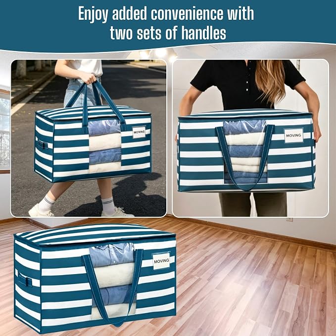VENO 8 Pack Heavy Duty Moving Bags, Clothes and Comforter Storage Bags with Clear Window, College Dorm Essentials Packing Supplies, Foldable Boxes Alternative (Classic Navy Stripe, 8 Pack)