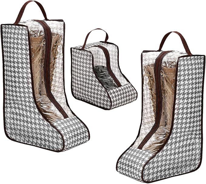 Boot Storage Bag Organizer,Dustproof Boot Bags for Cowboy Boots,Portable Travel Shoe Protector Bags,Tall Boot Covers Storage Organizer for Packing (1 Short + 2 Long Houndstooth)
