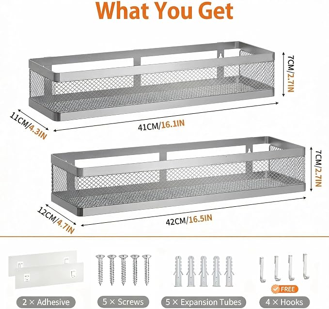 PUSDON 16.5-Inch Extra Long Slim Mesh Shower Caddy, Wall Mounted Bathroom Organizer with Adhesive, Heavy Duty Rustproof Shelf for Narrow Kitchen Pantry & RV, Holds 50 LBS Silver Gray -2 Packs Netting