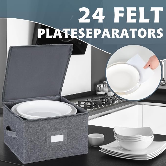 popoly China Storage Containers Inside 12" W x 8" H, Dinnerware Storage Box for Dishes Plate Storage with 24 Felt Dividers, Hold 24 Plates, Hard Shell and Stackable（4PACK
