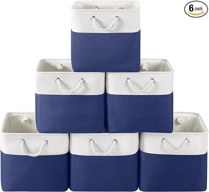 13 x 13 Inch Cube Storage Bins, 6 Pack Fabric Storage Basket with Handles, Foldable Boxes Organizer for Shelf Baskets for Home, Clothes (White/Blue)