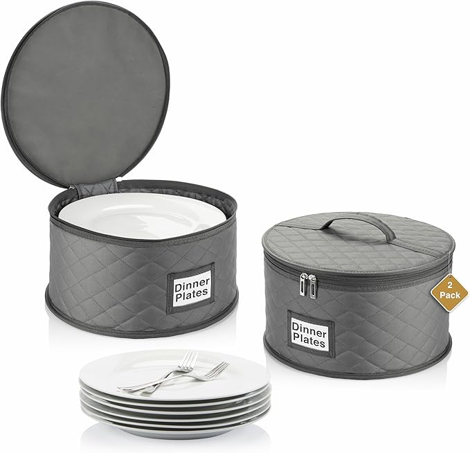 2 Pack China Storage Containers for Dinner Plates - 12" W x 7" H - Includes 24 Felt Dividers - Stackable Case with Padded Interior and Handle