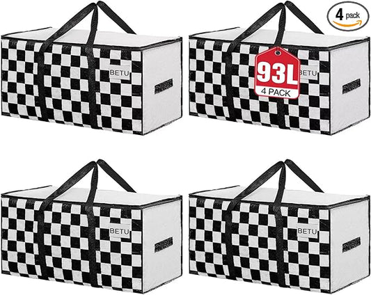 BETU 4 Pack Moving Bags Moving Storage College Dorm Camping Packing Travel PE Heavy Duty, Sturdy Handle, Zipper Large Storage Tote Bag Moving Boxes Box Alternative - White Plaid 29L x 15W x 15H