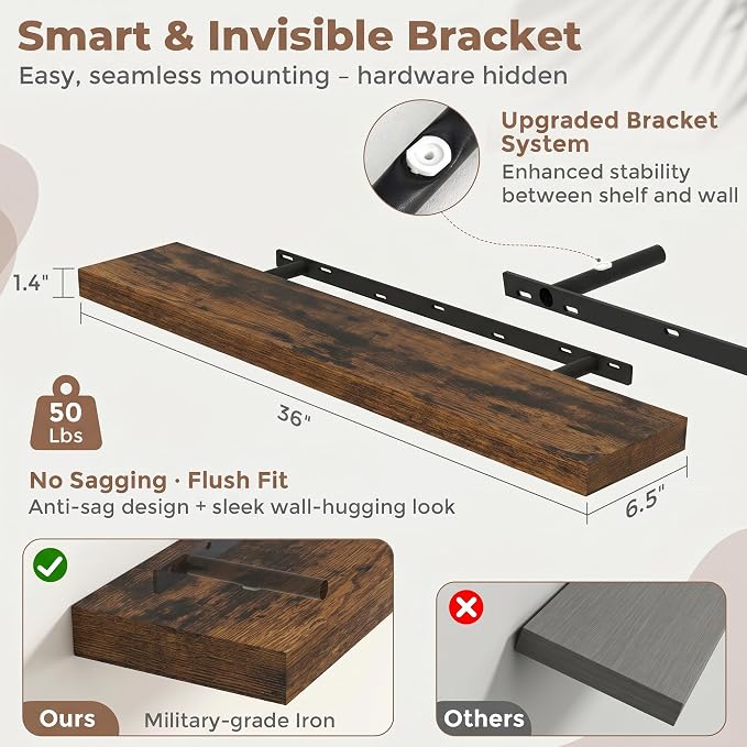 FLYJOE 36 Inch Floating Shelves for Wall Set of 2, 6.5" D Wood Grain Bathroom Shelves with Invisible Brackets, Easy Install Engineered Wood Storage Shelves for Kitchen, Living Room, Bedroom