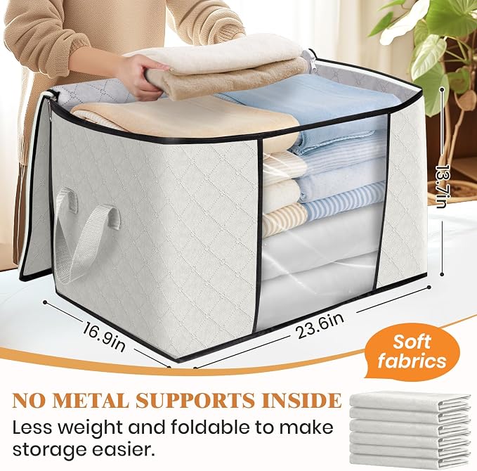 Fab totes 24 Gallons Clothes Storage, Foldable Thick Fabric Blanket Storage Bags, Containers for Organizing Bedroom, Closet, Clothing, Comforter, Organization with Handle (3 Pack,Ivory)