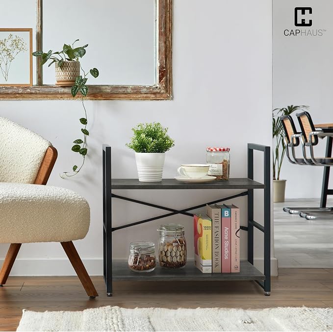 CAPHAUS 3 Tier Small Bookshelf, 24 Inch Width Free Standing Shelf, Bookcase Shelf Storage Organizer, Industrial Book Shelves for Home Office, Living Room, Dark Grey Shelves & Metal Frame