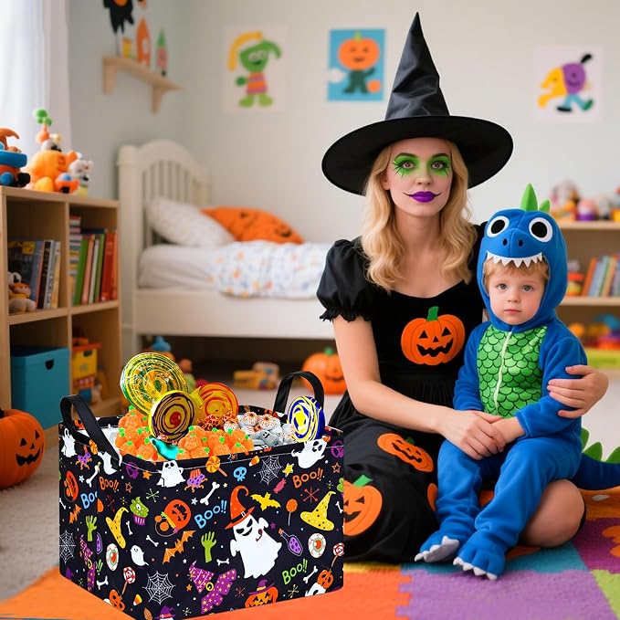 MAIZMZ Halloween Storage Basket Pumpkin Ghost Gift Basket for Kids Foldable Toy Box Waterproof Organizer Bin Laundry Nursery Hamper for Home Office Dorm Closet Shelf