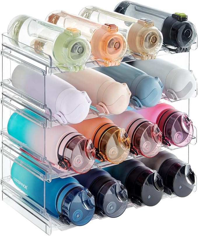 Lifewit Stackable Water Bottle Organizer for Cabinet, Plastic Bottle Holder Fits Bottles/Tumblers up to 3.8" Diameter for Pantry/Countertop, 4 Tier Holds 16 Bottles 41 x 20 x 34 cm/16 x 8 x 13.4