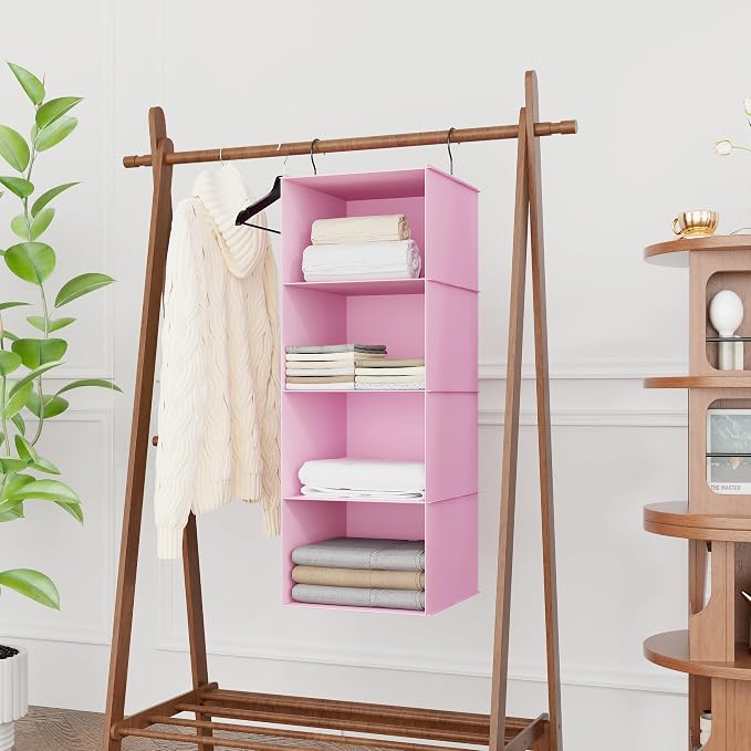 Hanging Closet Organizer 4-Shelf, Oxford Fabric Wardrobe Storage, Pink | Easy-mount foldable design holds clothes, handbags, shoes & accessories; washable Oxford fabric, sturdy and space-saving.