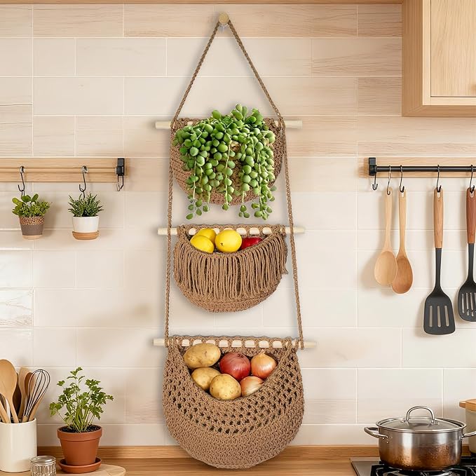 Halidali 3 Tier Hanging Fruit Baskets for Kitchen, Boho Cotton Rope Handwoven Vegetable Hammock Produce Storage Wall Mounted Large Organizing Basket for Farmhouse Decor, Onion, Potato (Caramel)