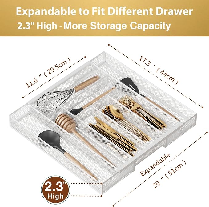 Sedegn Expandable Kitchen Utensil Organizer - 11.6" to 20" Adjustable Cutlery Tray with 6-8 Compartments - Fits Various Drawer Sizes & Holds Large Ladles Spatulas Forks Spoons & Knives White