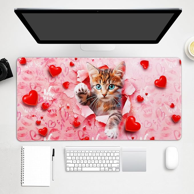 Lokigo Large Mouse Pad, Cute Pink Desk Mat for Desktop, Women Girls Waterproof Desk Mouse Pad, Love Cat Computer PC Laptop Protector Writing Pads for School Office Home 31.5" x 15.7"