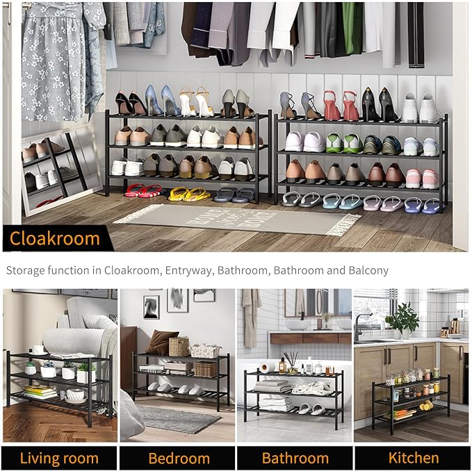 Long Shoe Rack, 3-Tier Bamboo Stackable Shoe Shelf Storage Organizer, Shoe Stand for Closet, Entryway and Hallway