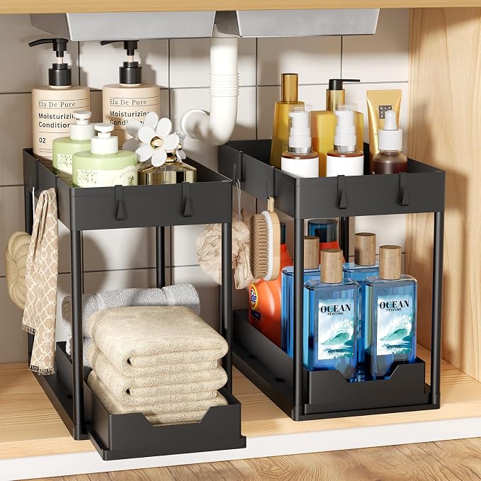 Ekisemio 2 Pack 2-Tier Under Sink Organizers with Sliding Drawer, Black | 2 Pack 2-Tier Under Sink Organizers | Sliding Drawer | Sturdy Metal Frame | Tool-Free Assembly | Space Saving | Black