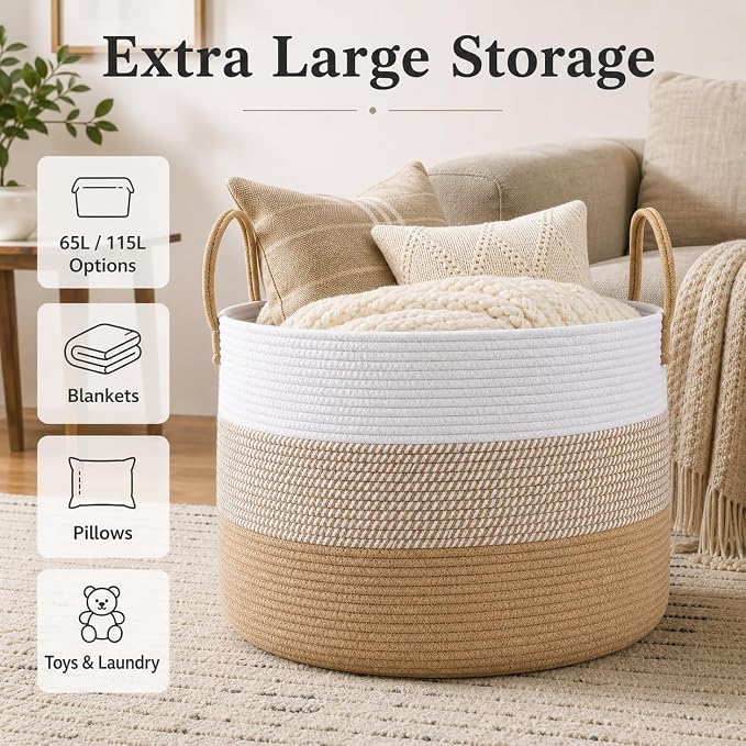 JMvicyroam 65L Extra Large Blanket Basket for Living Room - Woven Cotton Rope Laundry Hamper with Reinforced Handles - Storage Bin for Pillows, Comforters & Toys - Machine Washable,White&Jute Mix