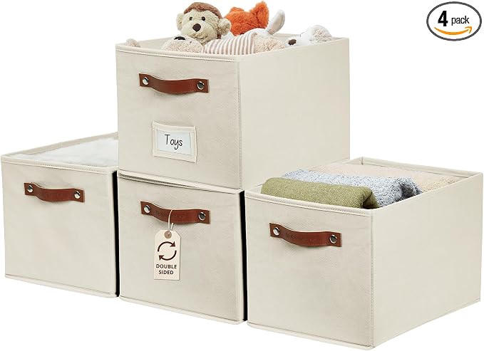 DECOMOMO Storage Bins, Large Fabric Baskets for Shelves, Beige (4 Pack) | 15" x 11" x 9.9" foldable closet organizers and storage bins with labels & handles