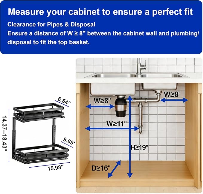 2 Pack Under Sink Organizer, 2-Tier Metal Shelf, Black | Carbon steel 2-tier set, ball-bearing slides, adjustable height, no-drill setup, for kitchen and bathroom cabinets